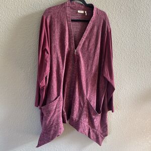 LOGO Lori Goldstein Cardigan Womens 3X Burgundy Full Zip Faux Suede Lagenlook